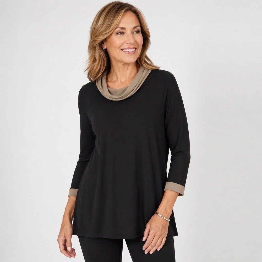 Joseph Ribkoff Cowl Neck Tunic Top Womens 8 Black Stretch Classic Travel Layer